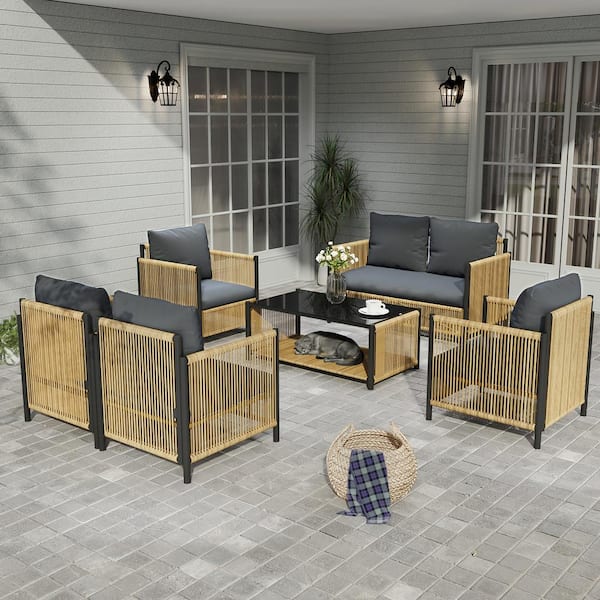 PARASOLAR Black and Brown Framed 6-Piece Wicker Outdoor Sectional Set with Dark Gray Cushions and Tempered Glass Table