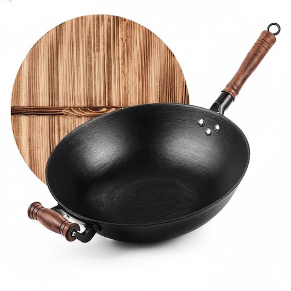 14.2 in. Large Cast Iron Wok Flat Bottom Stir Fry Pan with Lid Wood Handle Uncoated Healthy Cooking Pot All Cooktops
