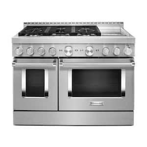 48 in. 6.3 cu. ft. Smart Double Oven Commercial-Style Gas Range with Griddle and True Convection in Stainless Steel