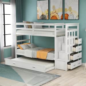 Solid Wood Twin Over Twin Bunk Bed, Trundle Bunk Beds with 4 Storage Drawers, Staircase and Safety Guard Rail White