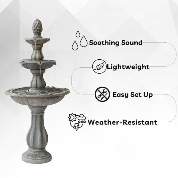 3-Tier Water Fountain with Pump and Pineapple Top, 51 in. Tall, Grey, Large Outdoor Freestanding Waterfall Decor
