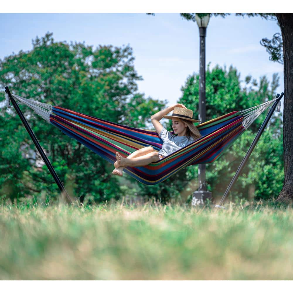 9-Foot Caribbean Rainbow Cotton Double Hammock with Stand