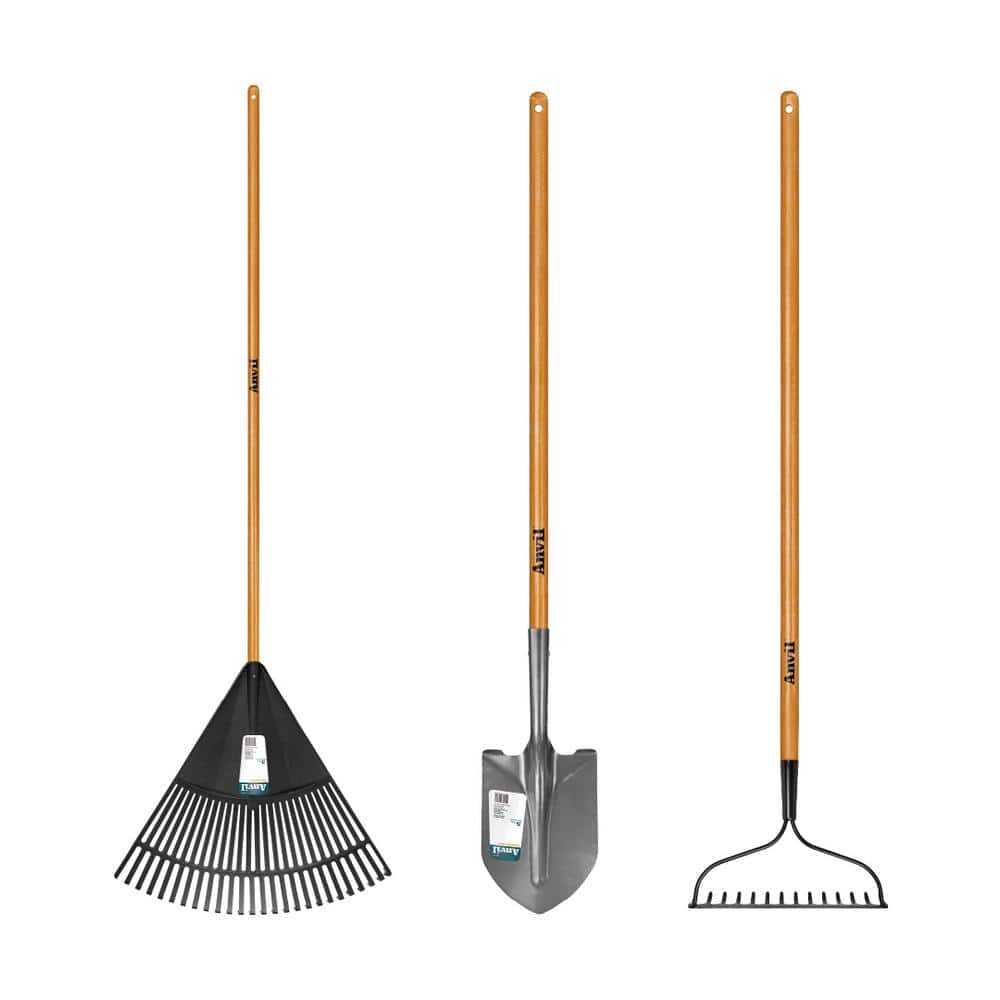 Anvil 3-Piece Wood Handle Garden Essentials Tool Set (Poly Leaf Rake, Digging Shovel and Bow Rake) 78115-945 - The Home Depot
