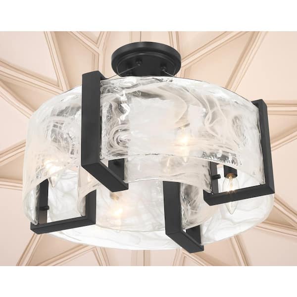 Cloud Break 17.63 in. 4-Light Coal Black Industrial Semi-Flush Mount with Cloud Glass Shade, No Bulbs Included