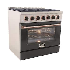 36 in. 5.2 cu. ft. Dual Fuel Range with Gas Stove and Electric Oven with Convection Oven in Black with Rose Gold Handle