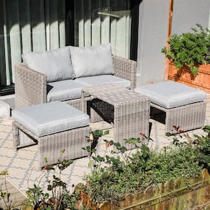 Soleil Jardin Grey 5-Piece Wicker Outdoor Loveseat with Light Grey Cushions