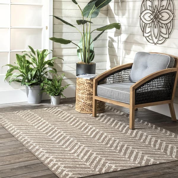 Macklin Contemporary Herringbone Brown 6 ft. x 9 ft. Indoor/Outdoor Patio Area Rug