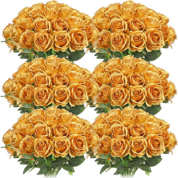 20 in. Gold Outdoor Artificial Rose Plastic Flower for Home 50 Piece ...