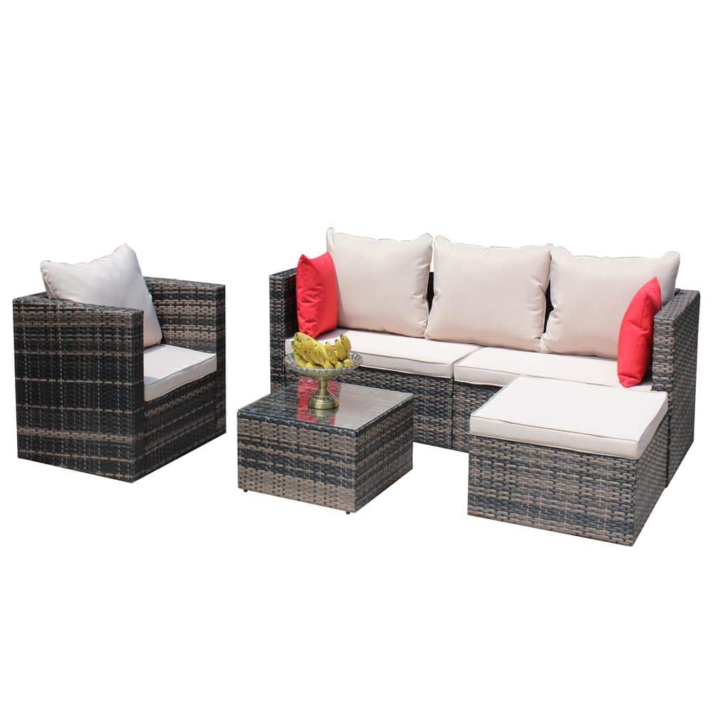 Brown Wicker Outdoor Sectional Set with Beige Cushion, Side Table Weather R