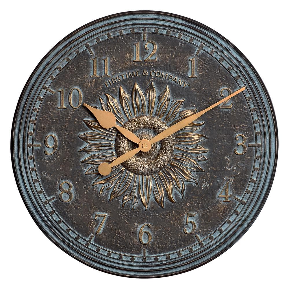 16" Bronze Verdigris Sunflower Outdoor Wall Clock and Thermometer Set