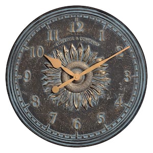 16 in. Verdigris Calisto Sunflower Outdoor Wall Clock And Thermometer 2-Piece Set
