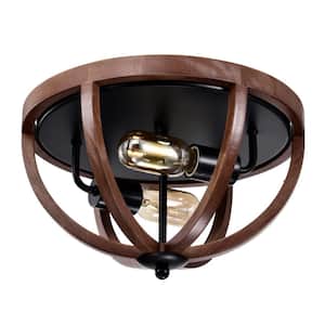 Fanalla 13 in. 2-Light Indoor Brown Faux Wood Grain Flush Mount with Light Kit