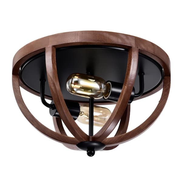 Warehouse of Tiffany Fanalla 13 in. 2-Light Indoor Brown Faux Wood Grain Flush Mount with Light Kit