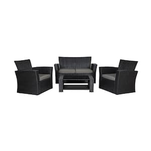 Hudson 4-Piece Black Wicker Outdoor Patio Loveseat and Armchair Conversation Set with Gray Cushions and Coffee Table