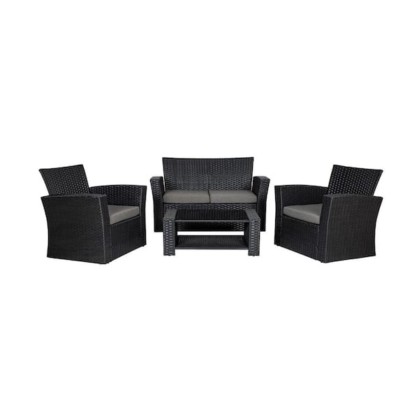 WESTIN OUTDOOR Hudson 4-Piece Black Wicker Outdoor Patio Loveseat and Armchair Conversation Set with Gray Cushions and Coffee Table