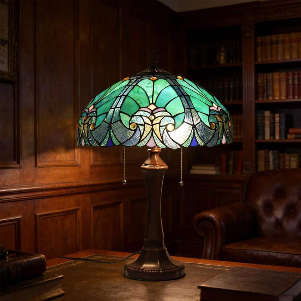 23 in. Dark Bronze Tiffany Table Lamp Antique Victorian Cyan Stained Glass Lampshade Desk and Reading Light w/ PullChain price history on PriceWatchPro