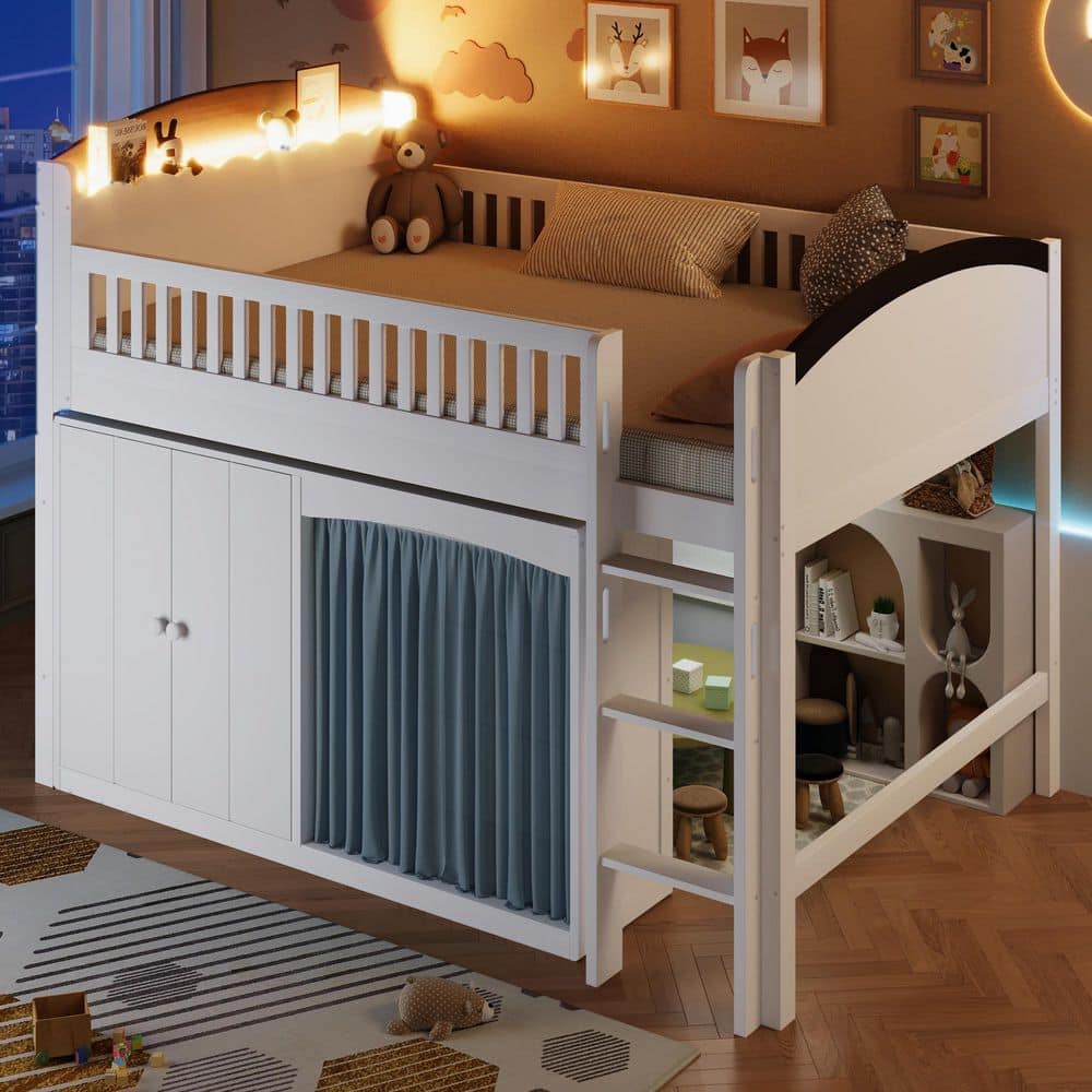 Harper & Bright Designs White Full Solid Wood Loft Bed with LED