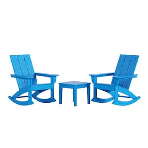 Shoreside Pacific Blue HDPE Plastic Modern Rocking Poly Adirondack Chair Set of 2 With Side Table