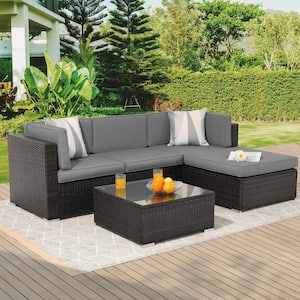 5-Piece Brown Rattan Wicker Outdoor Patio Sectional Sofa Set With Thick Gray Cushions and Tempered Glass Table