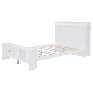 White Wood Frame Full Size Platform Bed with Shelves, LED Light and USB ports and Storage Headboard