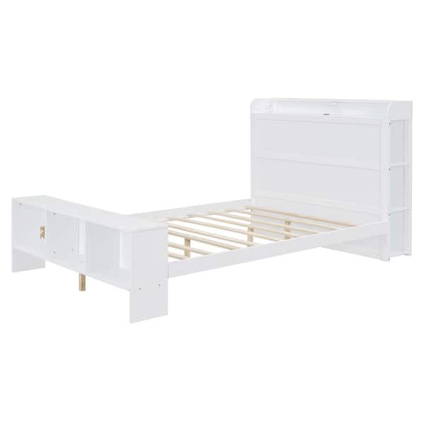 Nestfair White Wood Frame Full Size Platform Bed with Shelves, LED Light and USB ports and Storage Headboard