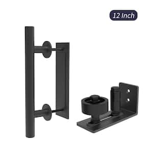 12 in. Black Ladder Pull and Flush Sliding Barn Door Handle Set with Floor Guide