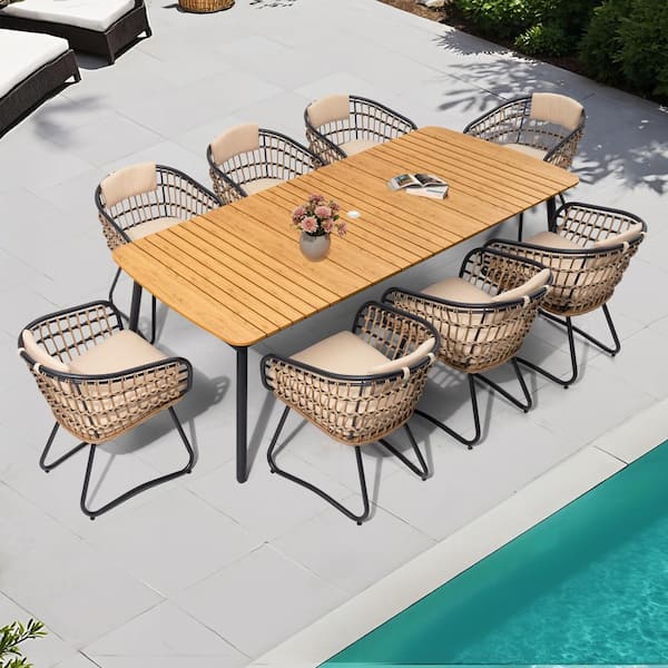 Pellebant 9-Piece Faux Rattan Wicker Chairs Aluminum Rectangular Table Outdoor Dining Set with Beige Cushion