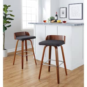 Maya 29.25 in. Charcoal Fabric, Walnut Wood and Chrome Metal Fixed-Height Bar Stool (Set of 2)