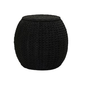 17 in. Black Tall Barrel Shaped Hand-Woven Paper Rope Side End Table with Storage