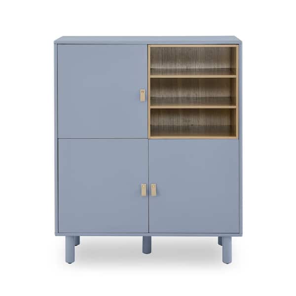 Unbranded Blue Wood Pantry Organizer, Storage Cabinet with 3-Doors and Open Shelves