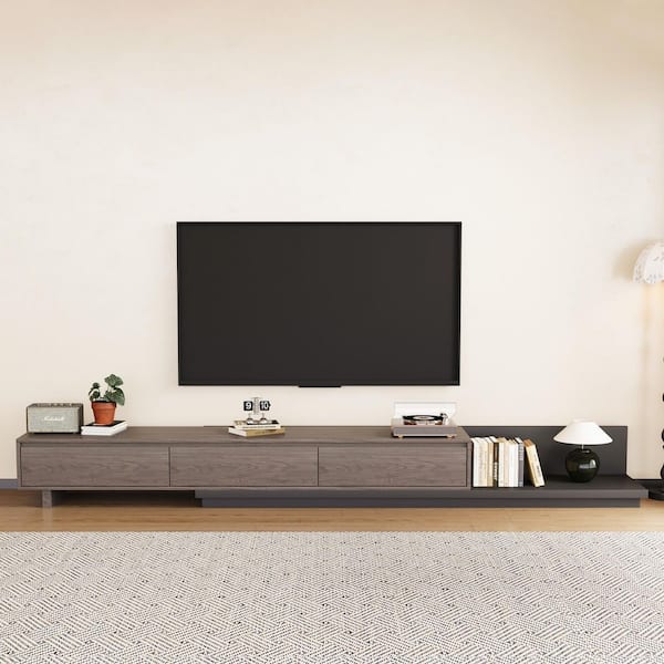 118 in. Modern Walnut Veneer Retractable TV Stand Extendable Media Console with 3 Drawers