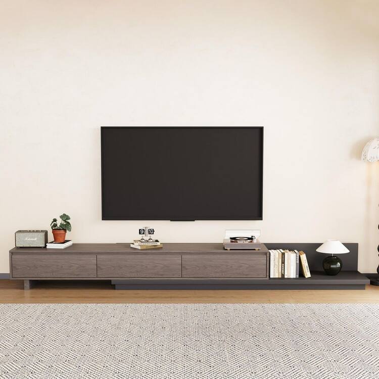 THE RIGHT PATH 118 in. Modern Walnut Veneer Retractable TV Stand Extendable Media Console with 3 Drawers