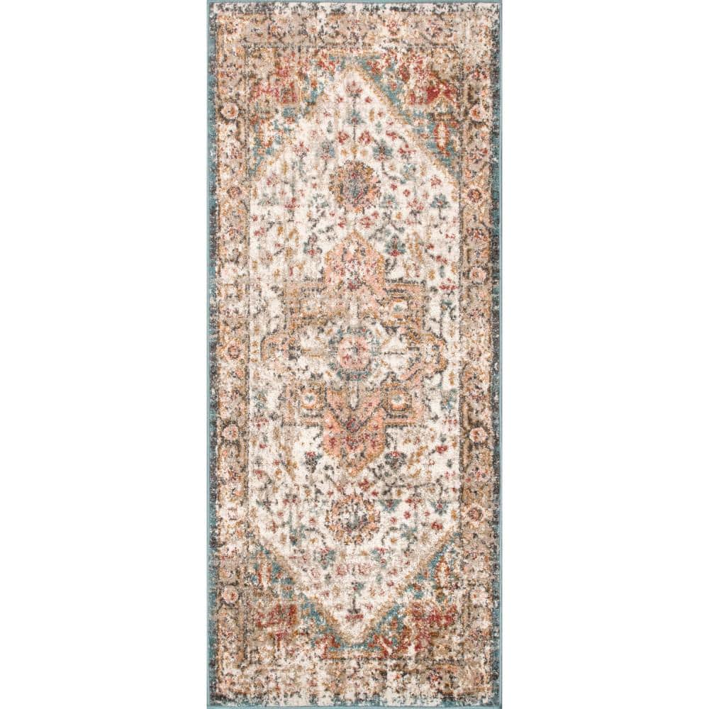 Justine Beige Synthetic Medallion Runner Rug, 2'6" x 10'