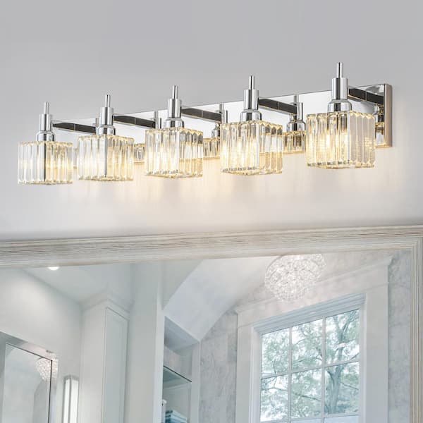 Orillia 35.4 in. 5-Light Modern Chrome Bathroom Vanity Light with Crystal Shades