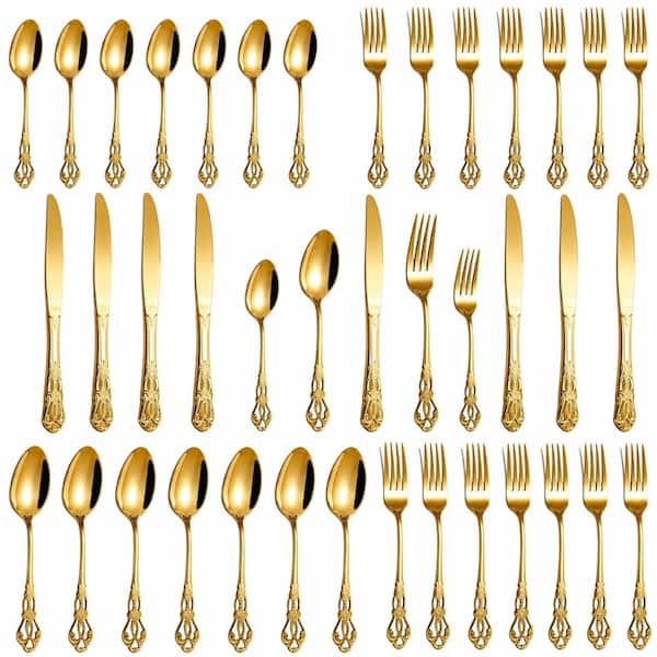 40 Piece Gold Stainless Steel Flatware Set Service for 8 Including Forks Knives Spoons Teaspoons with Retro Design