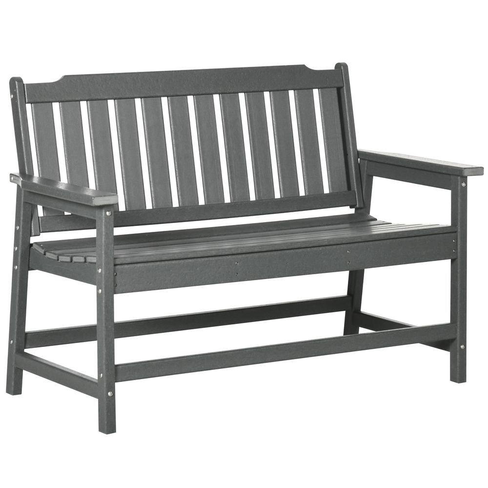 Dark Gray HDPE 2-Person Outdoor Garden Bench with Slatted Back and Armrests