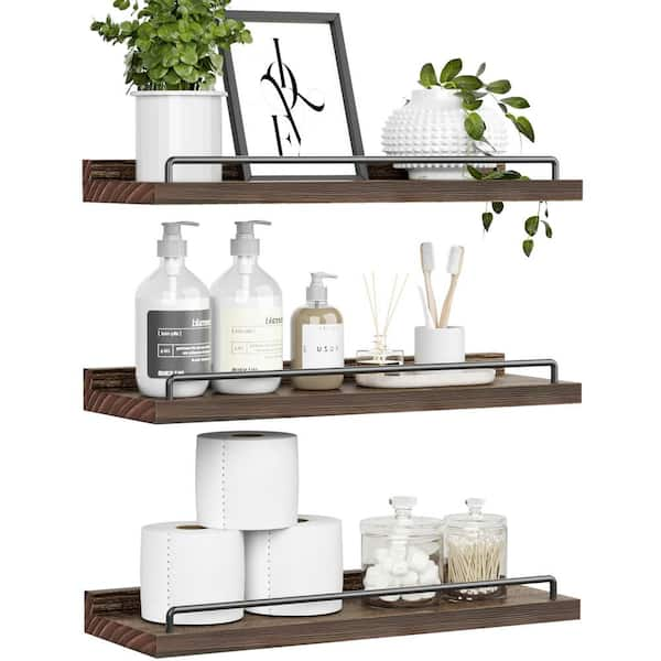 Set of 3 Dark Brown Wooden Floating Shelf for Nursery, Office, Bedrooms,  Space Saving (15.7 x 5.5 x 1.5 In)