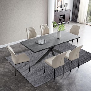 7-Piece Extendable Rectangle Dining Table Set Dark Table with 6 Beige Chairs