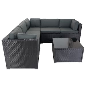 6-Piece Black Wicker Outdoor Sectional Sofa Set with 3 Storage Under Seat and Dark Gray Cushions for Garden Patio
