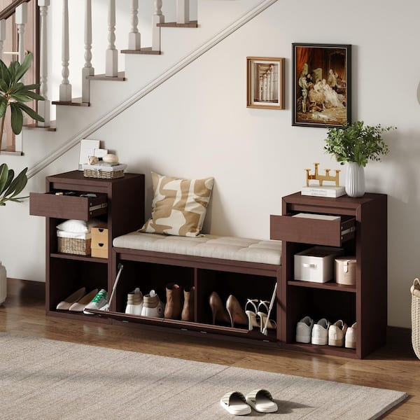 Sano Modern Espresso Brown 77.48 in. Wood Bedroom Bench Entryway Storage Bench with Cushion, Drawers and Open Shelves