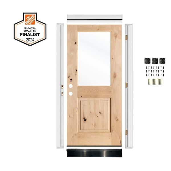 DIY 32 in. x 80 in. Right-Hand Half Clear Glass Window Unstained Knotty Wood Front Door Kit w/ Quick Assemble Jamb