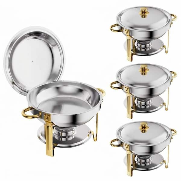 Round Stainless Steel Chafing Dish Buffet Set of 4 with Lids 6 qt. Food Warmer for Catering Events Gold