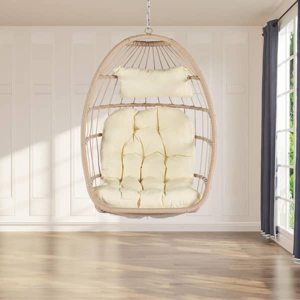 Cesicia Wicker Outdoor Garden Porch Swing Chair Hanging Egg Chair with Khaki Cushions