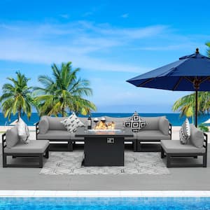 Charcoal 7-Piece Outdoor Outdoor Aluminum Deep Seating Sofa Set, 55,000 BTU Fire Pit Table and Light Gray Cushions