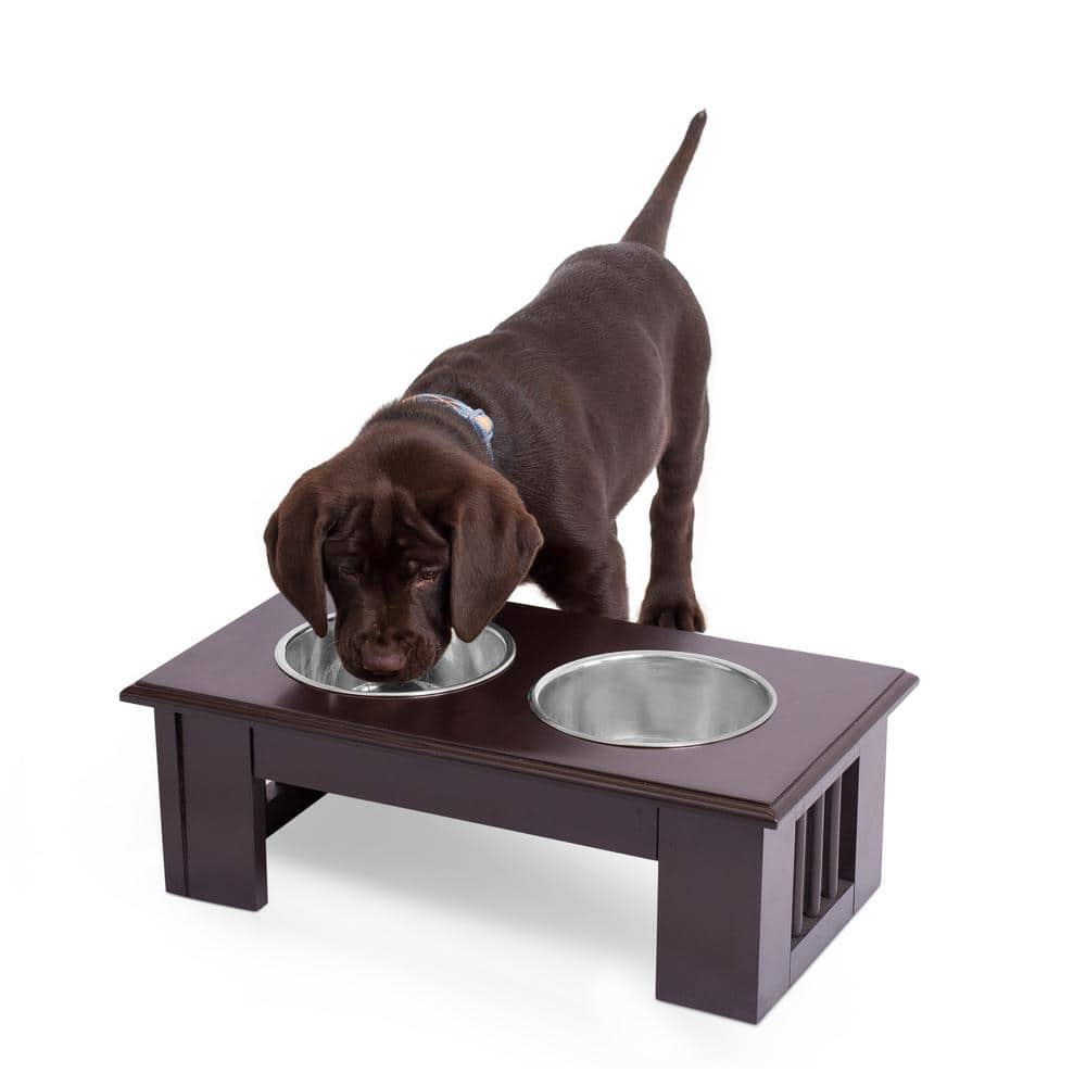 Espresso Wood Elevated Pet Feeder with Stainless Steel Bowls