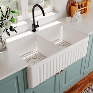 33 in. Farmhouse Double Bowl White Fireclay Kitchen Sink with Bottom Grids