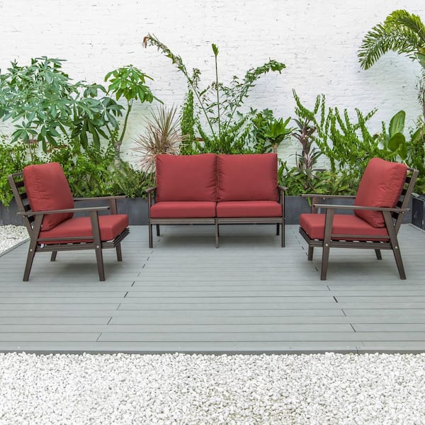 Leisuremod Walbrooke Brown 3-Piece Aluminum Patio Set with Removable Red Cushions Loveseat and Armchairs (Set of 2)