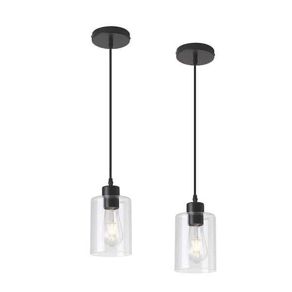60-Watt 2-Lights Black Modern Integrated LED Mini Pendant Light with Cylinder Clear Glass Shade