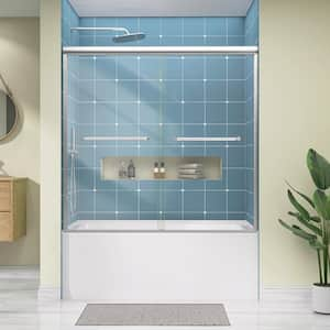 60 in. W x 58 in. H Double Sliding Tub Door Framed Shower Door in Brushed Nickel Bathtub Door with Clear Tempered Glass