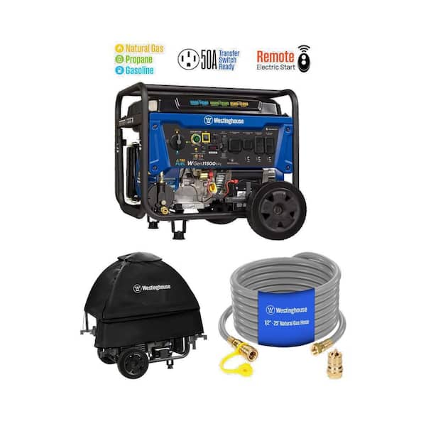 14500/11500-Watt Tri-Fuel Generator with CO Sensor, Transfer Switch, Cover, Hose